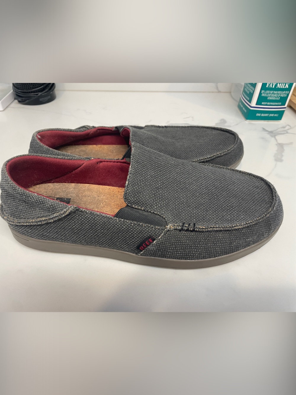 Reef Men’s Charcoal Canvas Slip-On Loafers with Red Interior I Men's Size 11